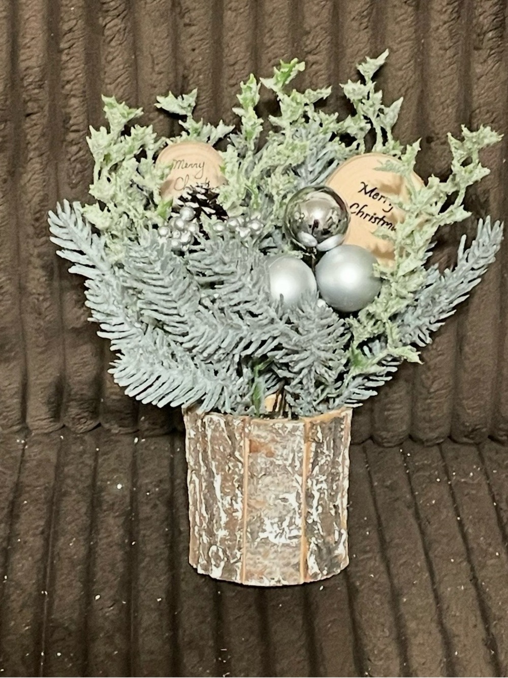 Holiday Frosted Pine and Silver Ornament Arrangement